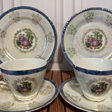 BEAUTY VTG Japanese Lusterware Courting Couple Tea Set 6 Pc Iridescent Gold Trim