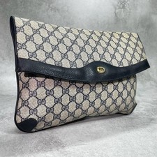 GUCCI 156.02.075 GG Clutch Bag Navy Beige Gold Hardware Leather Logo From Japan