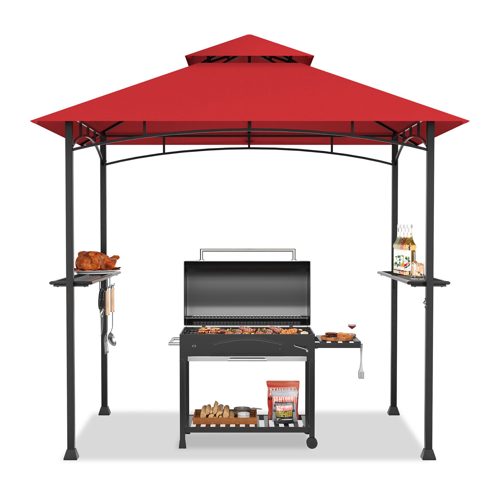 8' x 5' BBQ Grill Gazebo 2-Tier Barbecue Canopy Vented Top Shelves Shelter Wine