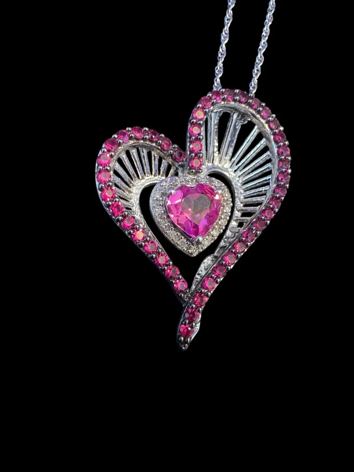 Collar Zales Corazón Hecho en Laboratorio Zafiro Rosa Rubí y Diamante Plata de Ley Z2 Foto 3 de 4