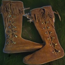 70s True Tall Orange Suede Fringe Moccasins Gold Gommets USA 9 EC