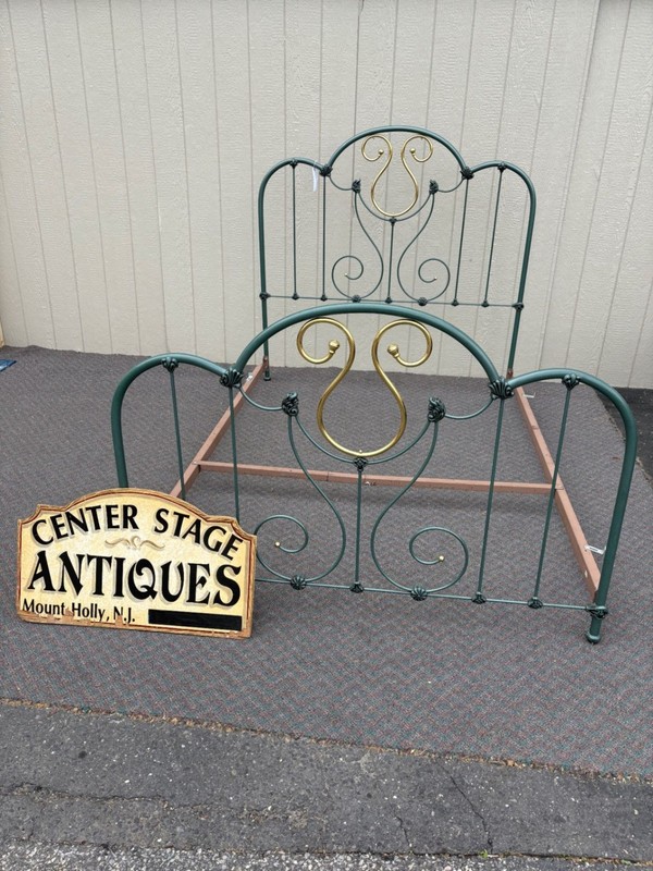 67398  Vintage Brass and Green Metal Full Size Bed Frame