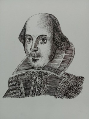 Tuschezeichnung William Shakespeare Portrait nach Martin Droeshout Stich 1623