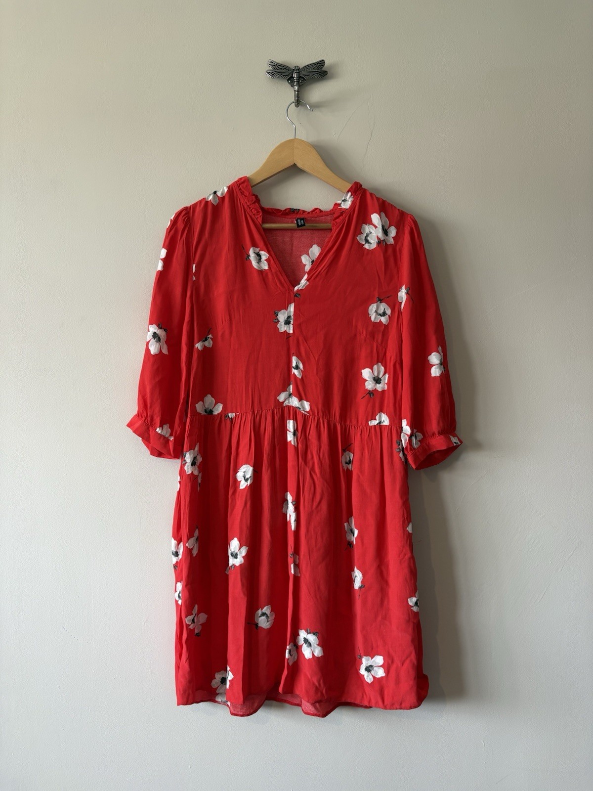 Nobody’s Child Red Floral Mini Dress Size 10 V Neck Balloon Sleeve Summer Party