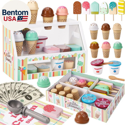 Wooden Ice Cream Toys for Kids Pretend Play Kitchen Food Toys with Scoop & Menu