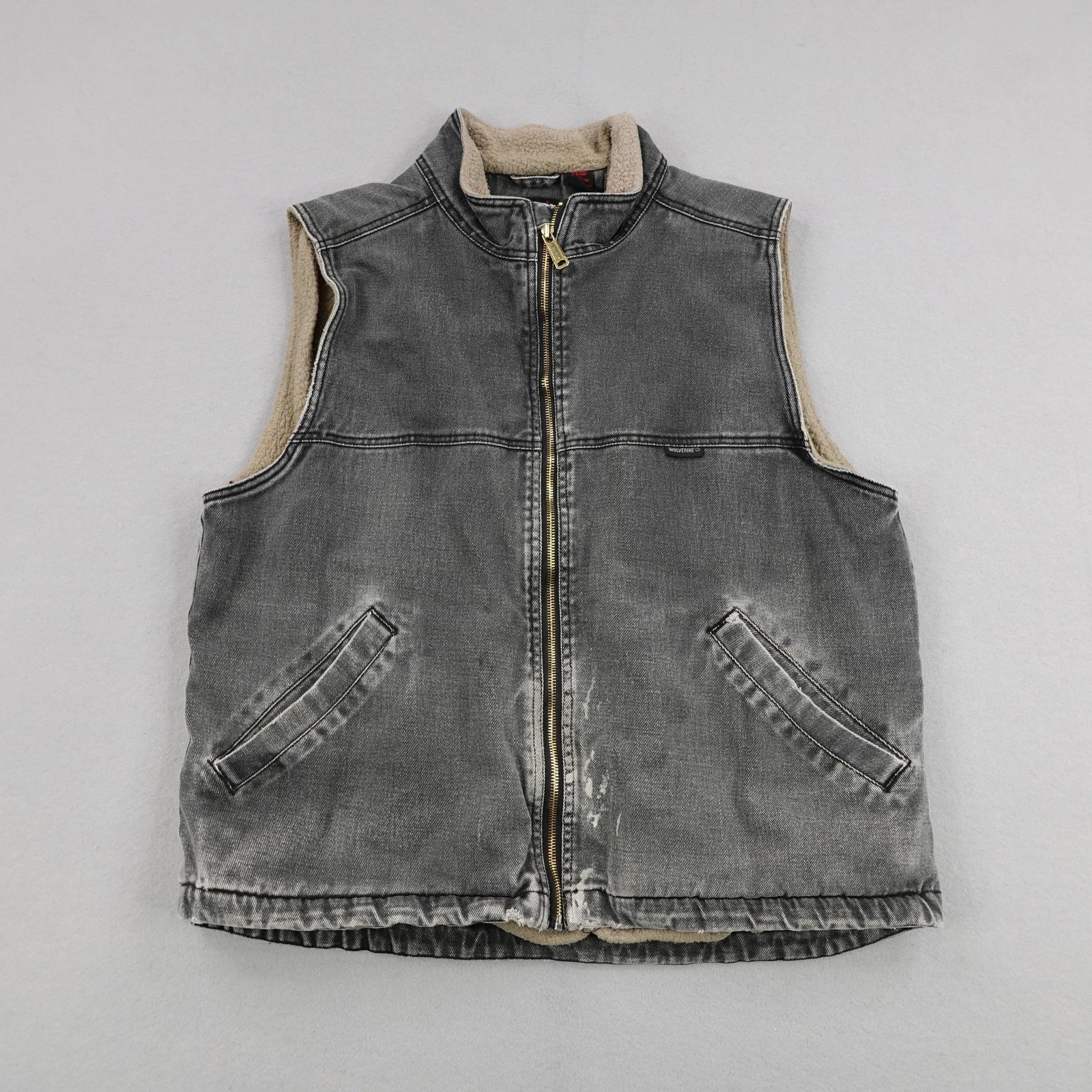 Wolverine Vest Mens Large Gray Canvas Sherpa Fleece Lined Distressed Work Zip Up