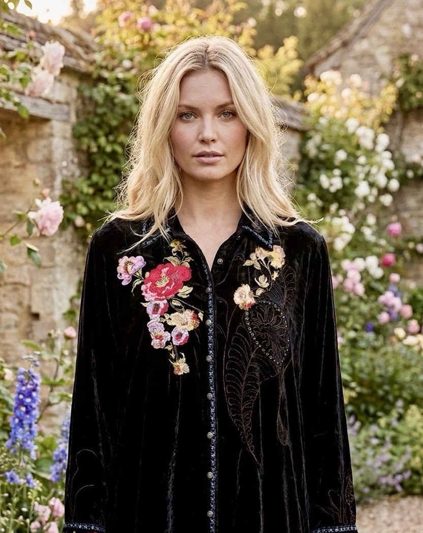 Johnny Was 1X 1XL Black Velvet Button Up Shirt Top Embroidered Long Sleeve NWT