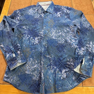 Bugatchi Uomo Shaped Fit Men s Blue Floral Button Up Shirt Long Sleeve Sz Large