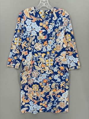 J McLaughlin Dress Medium Blue Paisley 3/4 Sleeve Stretch Shift Jersey Catalyst