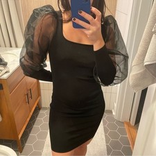 Alice + Olivia Black Abella Black Puff Sleeve Dress Medium