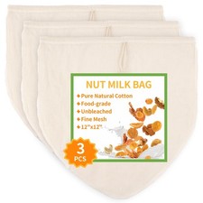 3 Pcs 12"x12" Nut Milk Bag, Natural Unbleached Cotton Cheese Cloth Bag for St...