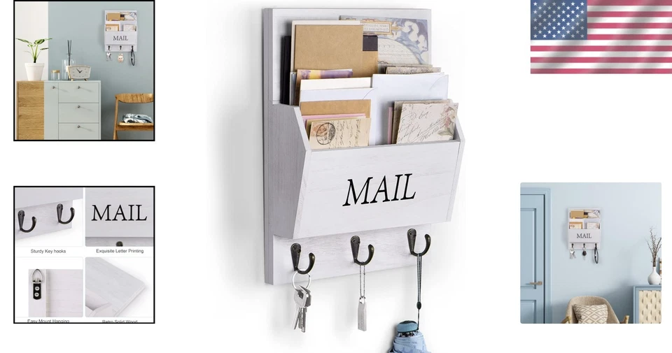 Rustic Wooden Mail Organizer Wall Mounted - Image 2 of 4