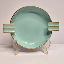 Vintage MCM Turquoise w/ Gold Trim Ceramic Ashtray 6.25"