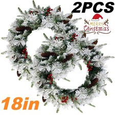 2 Pack 18in Pre-lit Snow Flocked Christmas Wreath Lighted Artificial Xmas Wreath