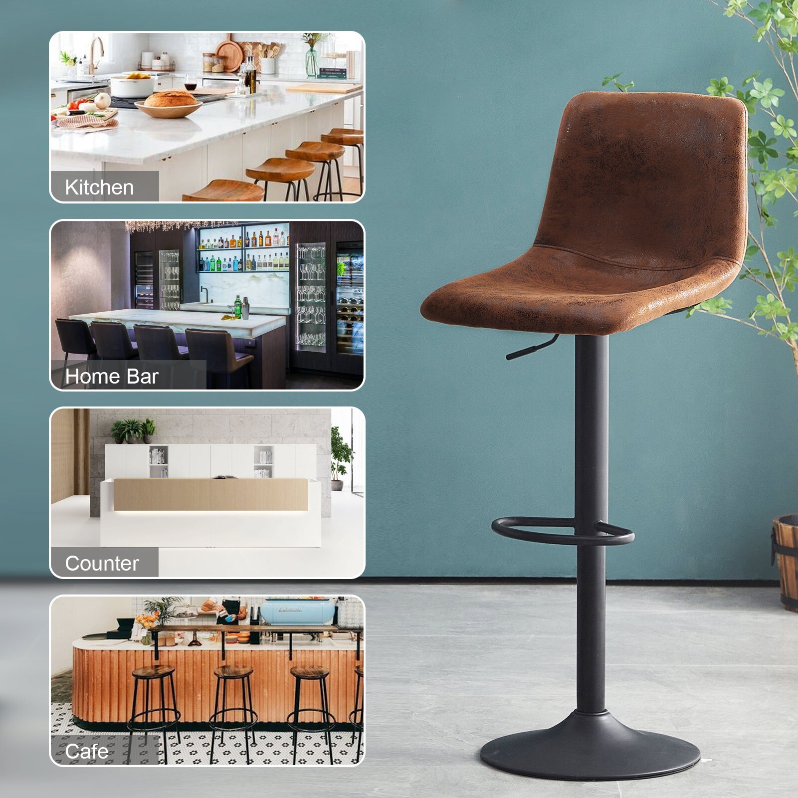 2x Brown Swivel Bar Stools Faux Suede Leather Metal Base Kitchen Chairs