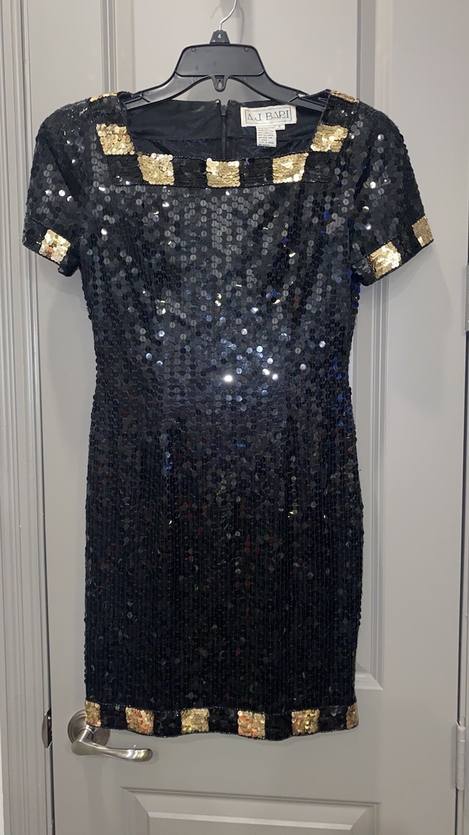 aj bari sequin dress Vintage A.J. Bari Black & Gold Sequin, Black Bead accent Cocktail Dress, 6