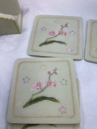 Set Of 4 Stone Hand Painted Coasters W Holder 3D Butterfly & Flowers Sculpture - Picture 8 of 13
