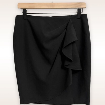 Zara Basic Wrap Skirt Womens Medium Black With Ruffle Back Zip Straight  Pencil