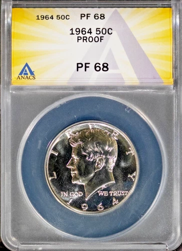 1964 Silver 50c JFK Half-dollar PF 68 Gem ANACS # 7696058 + Bonus