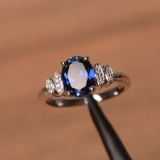 2.25Ct Oval Cut Lab-Created Blue Sapphire Engagement Ring 14K White Gold Plated