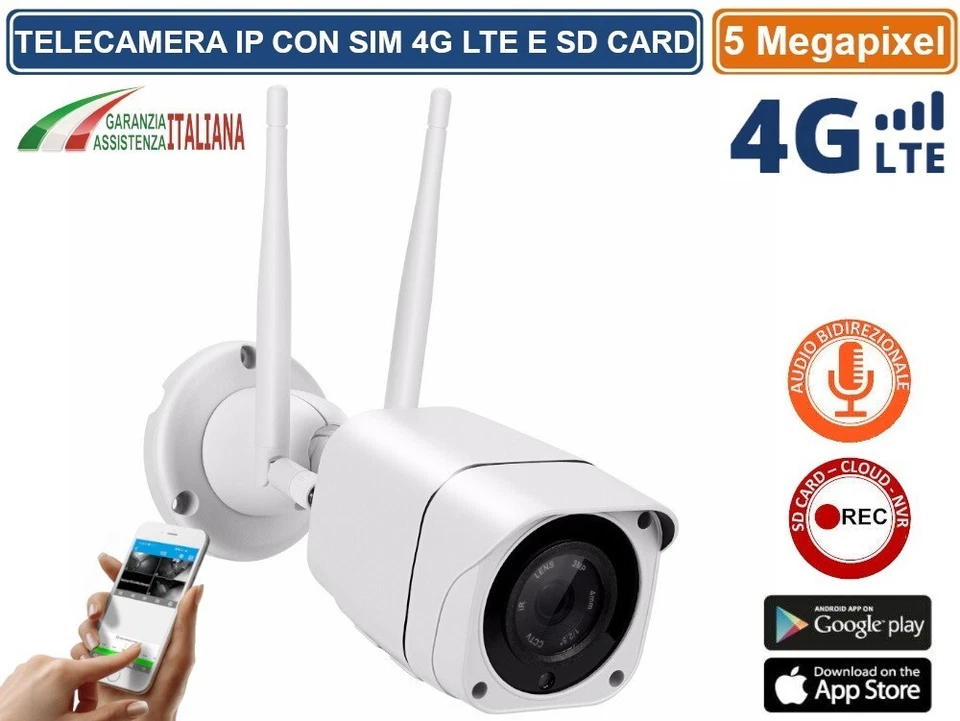 TELECAMERA BULLET IP 4G LTE SIM GSM REGISTRA SU SD CARD 5MPX CON AUDIO IP66 - Immagine 2 di 3