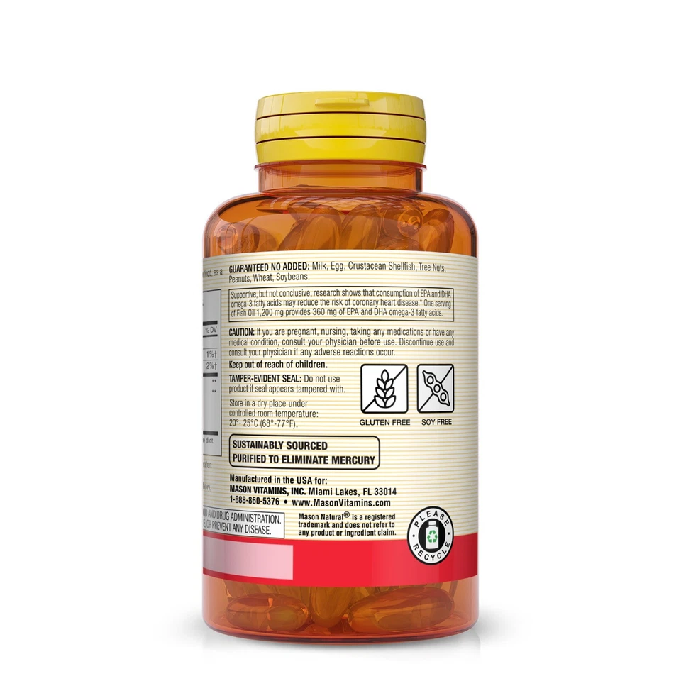 Aceite de pescado natural Mason 1.200 mg Omega-3 - Salud cardiovascular, 120 cápsulas blandas Foto 3 de 4