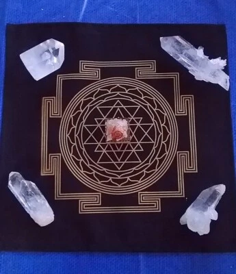 SRI YANTRA CRYSTAL GRID MAT ALTAR CLOTH With MOONSTONE PYRAMID