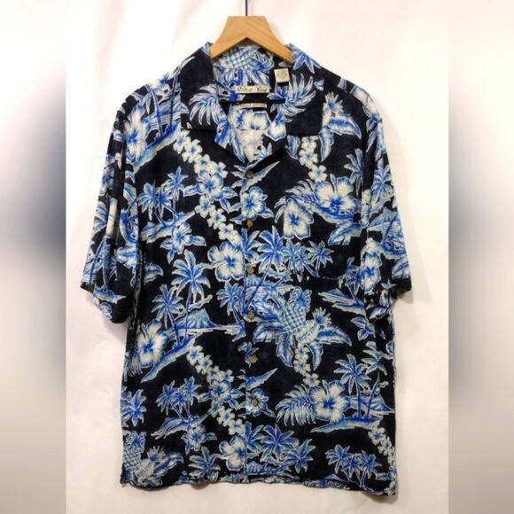 Batik Bay Silk Blend Floral Hawaiian Shirt Mens L Black Blue Coastal Beach