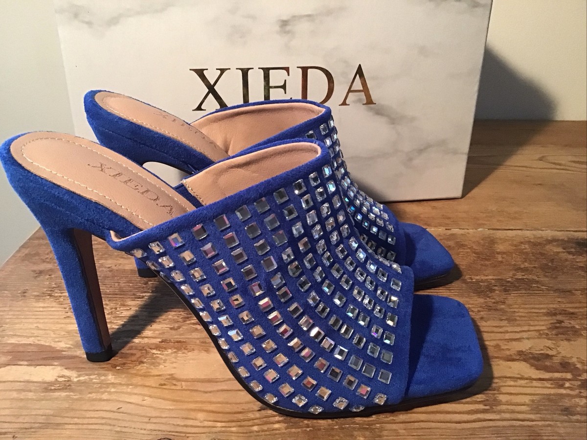 XIEDA Royal Blue Suede Mule Open Toe 4 Heels Dress Shoes Prom Sparkle |  eBay