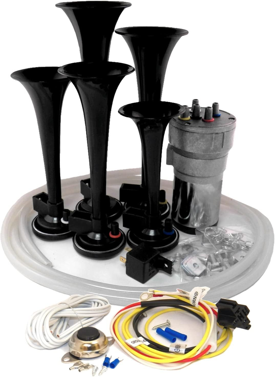 Dixie Air Horn - Full 12 Note Melody, 12 Volt, 5 Red Trumpets (Like General Lee)
