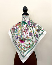 New Gucci Scarf GG Logo Floral Print Multicolor Flowers Ivory White Silk Wrap