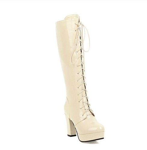 Women's Platform Mid-calf Boots High Block Heel Lace Up Knight Shoes Larger size - 第 22/22 張圖片