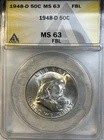 1948 - D Franklin Half Dollar 50 Cents ANACS Certified MS63 FBL -Full Bell Lines