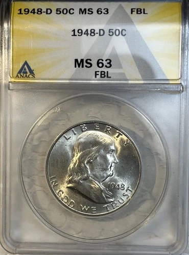 1948 - D Franklin Half Dollar 50 Cents ANACS Certified MS63 FBL -Full Bell Lines