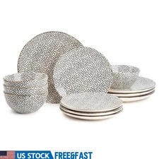 Dot Dinnerware Set 12 Piece Ceramic Plates Bowls Dishwasher Microwave Safe New