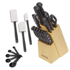FARBERWARE TRIPLE RIVET HIGH-CARBON KNIFE BLOCK & KITCHEN TOOL SET - BLACK
