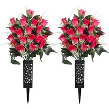 IPOPU 2 Sets Artificial Cemetery Flowers Grave Flowers with Vase, Gravesite M...