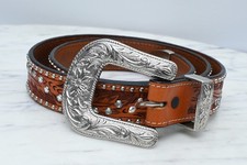 3D Rhinestone Hand Tooled Leather Western Belt with Silver Buckle Sz 34 Unisex