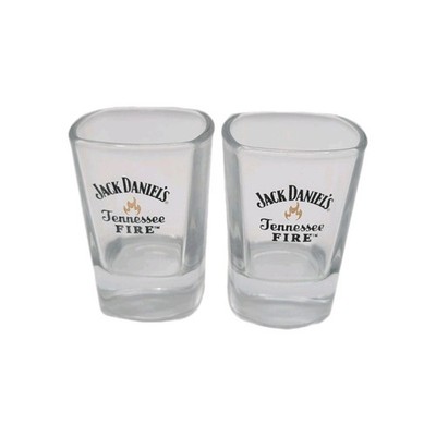 Jack Daniel's Tennessee Fire logo Set Of 2 2.5 oz shot glasses Clear Square Logo