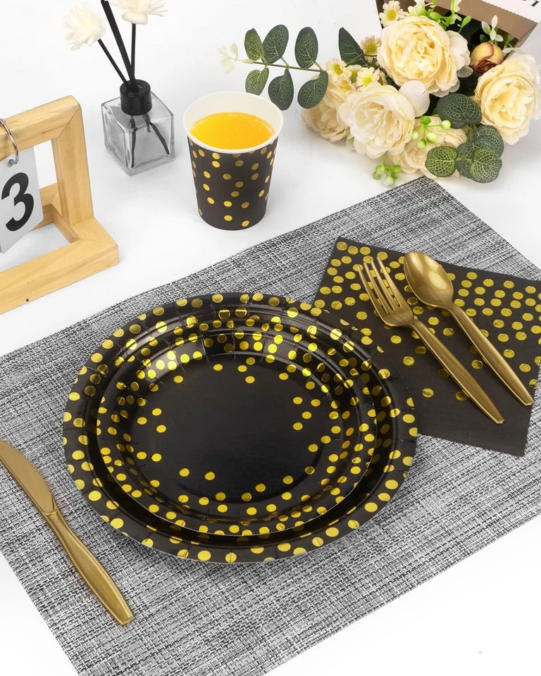 364 PIEZAS Suministros de Fiesta Negros y Dorados, 52 Juegos de Vajilla Desechable Incluye... Foto 3 de 4