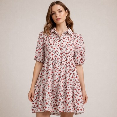 Eliza J Floral Mini Dress Size 4 Red Flowers Puff Sleeve Button Front Cotton