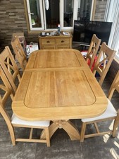 Extending Light Solid Oak Wood Dining Table & 6 Beige Fabric Chairs Set