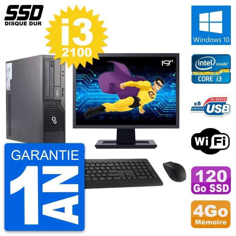 PC Fujitsu E500 E85+ DT Ecran 19" i3-2100 RAM 4Go SSD 120Go Windows 10 Wifi