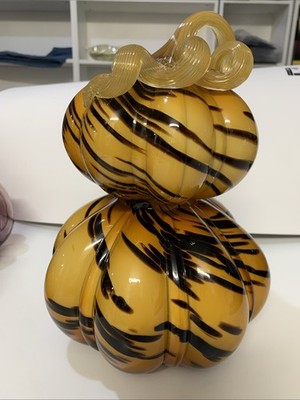 Hand Blown Art Glass Pumpkin Striped Orange Decor Design Lovely Swirl Stem New