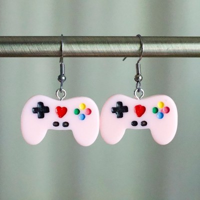 Pink Video Game Controller Dangle Earrings Gamer Girl Heart Resin Kawaii Retro