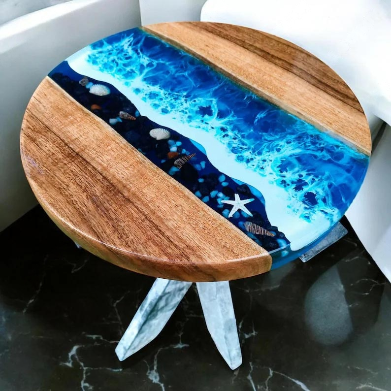 Handmade Blue Ocean Epoxy Coffee Table Top – Live Edge Resin River Wood | Luxury-image