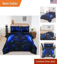 Twin Size Gaming Bedding Set with Comforter Sheets Pillowcases Kids Teens Blue