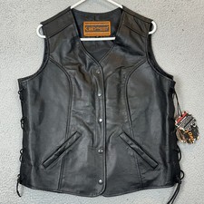 NEW Daniel Smart Leather Vest Womens XL Motorcycle Side Lace Black Snap Front