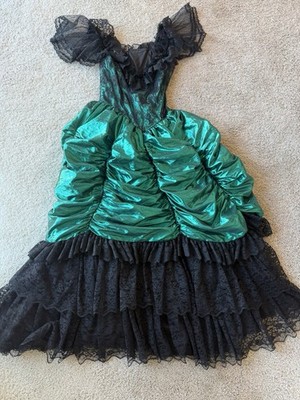 VTG 80s Loralie Metallic Green Lume Goth  Lace Prom Dress Women s Sz 16 See Meas
