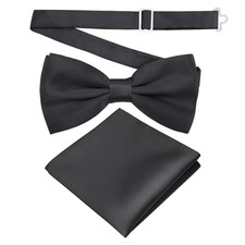 Solid Color Pre-tied Bow Tie and Pocket Square Men's Adjustable Bowtie Black